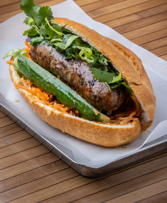 Laotian pork sausage banh mi.