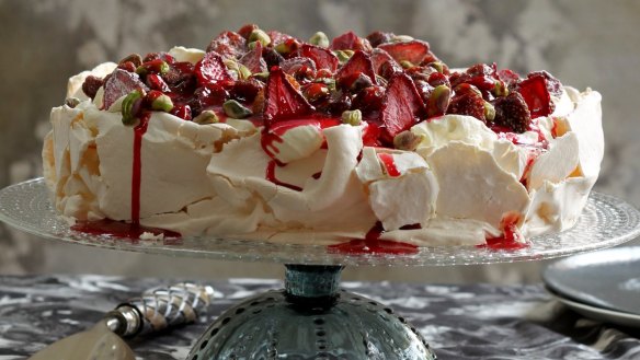 Pavlova with freeze-dried fruit and rosewater cream.