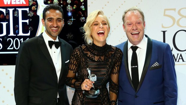 Waleed Aly, Carrie Bickmore and Peter Helliar pose with the Logie Award for Best News Panel Or Current Affairs Program 'The Project ' during the 58th Annual Logie Awards at Crown Palladium on May 8, 2016 in Melbourne, Australia.