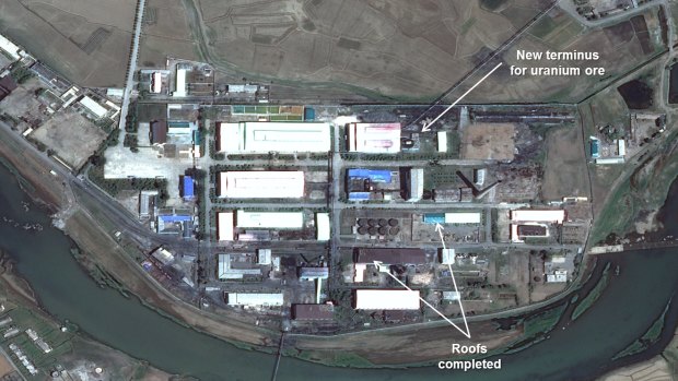 A satellite image dated May 16, 2015, shows Pyongsan Uranium Concentration Plant near what is believed to be North Korea's largest uranium mine.