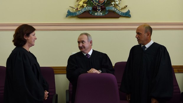 NSW Chief Magistrate Graeme Henson (centre) with magistrates Julie Soars (left) and Imad Abdul-Karim (right) at the Downing Centre, the setting for documentary series <i>Court Justice: Sydney</i>.