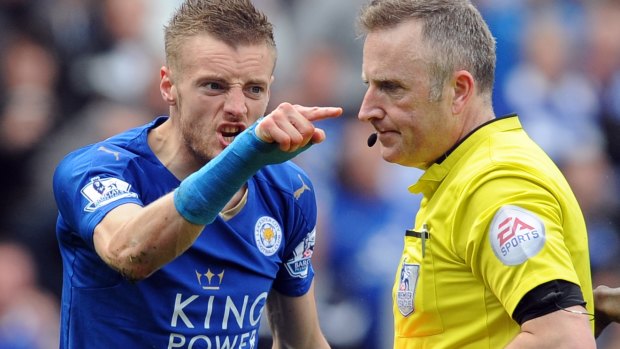 Flashpoint: Jamie Vardy gestures to referee Jonathan Moss.