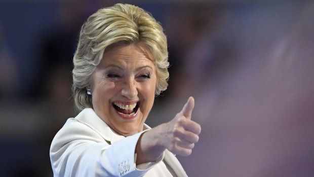 Democratic presidential nominee Hillary Clinton give a thumbs up after taking the stage in Philadelphia.