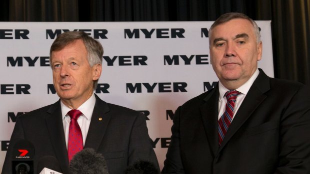 Myer Chairman Paul McClintock and Bernie Brookes announcing the CEO's departure last month. As one fund manager said, the only one to have made money out of Myer in the past year is Brookes.