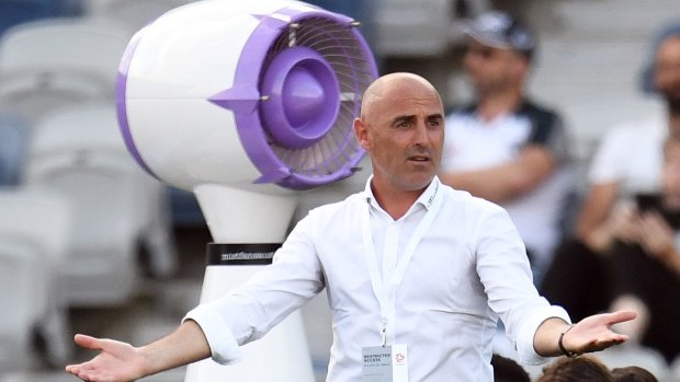 Hard luck: Victory coach Kevin Muscat during the round 14 match against the Mariners at GMHBA stadium in Geelong.