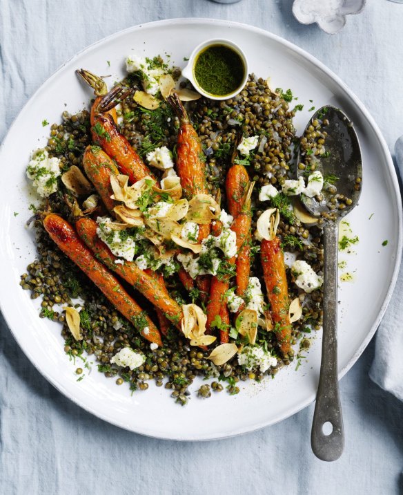 Roast carrot and lentil salad with crispy garlic.