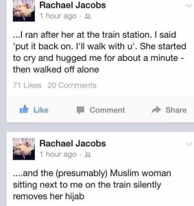 The message posted on Rachael Jacobs' Facebook page.