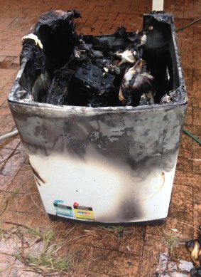 The remains of the Samsung washing machine that caught fire on Wednesday in Corlette, NSW.