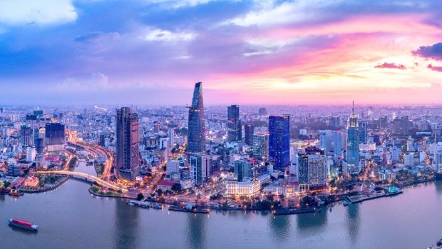 The Ho Chi Minh City skyline and Saigon River.