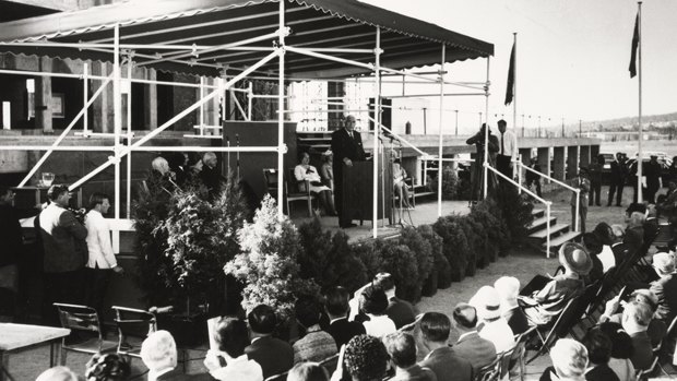 Sir Robert Menzies speaking at the laying of the National Library of Australia Foundation Stone in 1966.