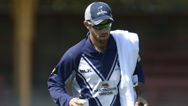Sidelined: Glenn Maxwell carries the drinks for Victoria this week.