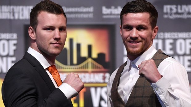 WBO welterweight champion Jeff Horn (left) and English challenger Gary Corcoran face-off in Brisbane.
