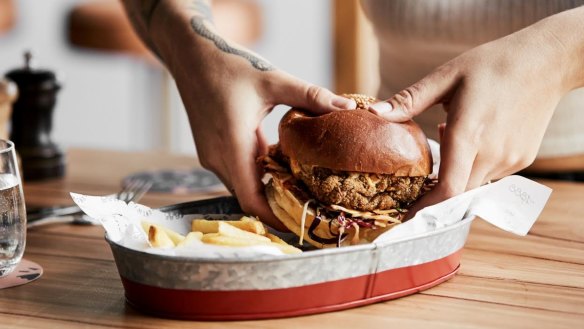 Fried chicken burger with fries at the East Brunswick Hotel.