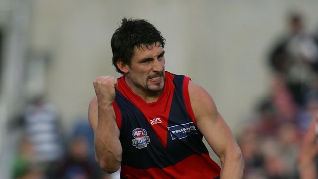 2005 AFL Round 20.Geelong v Melbourne.Skilled Stadium.  Melbourne s Russell Robertson celebrates one of his goals.  Fairfax.Picture SEBASTIAN COSTANZO.The Age.  13th August.2005.