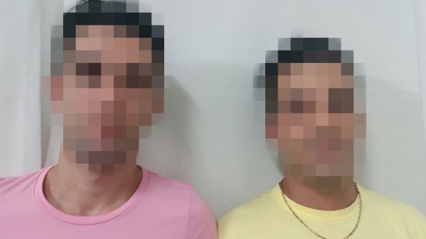 A digitally altered photo of two gay Iranian refugees, Nima and Ashkan, who say they are being persecuted at Nauru, where homosexuality is illegal.