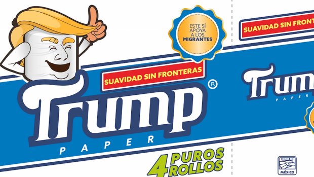 This illustration released by Mexican businessman Antonio Battaglia shows toilet paper wrapped in mock-up packaging, featuring a cartoon image in the likeness of US President Donald Trump.