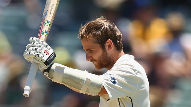 PERTH, AUSTRALIA - NOVEMBER 15: Kane Williamson of New Zealand celebrates after reaching his century during day three of the second Test match between Australia and New Zealand at the WACA on November 15, 2015 in Perth, Australia.  (Photo by Robert Cianflone/Getty Images)