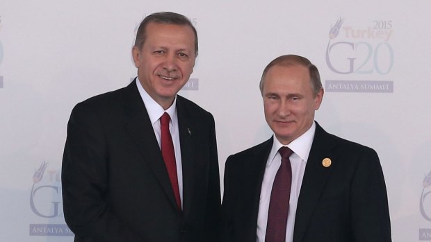 Russian President Vladimir Putin is greeted by Turkish President Recep Tayyip Erdogan at the G20 Turkey Leaders Summit on November 15 in Antalya. Putin has called the Russian fighter's downing a "stab in the back".
