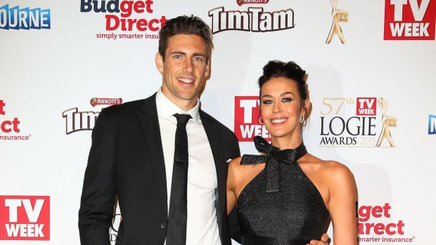 Shaun Hampson and Megan Gale arrive at the 57th Annual Logie Awards at Crown Palladium on May 3, 2015 in Melbourne, Australia.