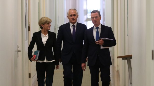 Prime Minister designate Malcolm Turnbull Deputy Liberal Leader Julie Bishop and Christopher Pyne arrive for the joint party room meeting at Parliament House in Canberra on Tuesday 15 September 2015. Photo: Andrew Meares