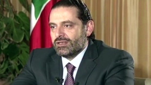 Lebanon's Prime Minister Saad Hariri gives a live TV interview in Riyadh, Saudi Arabia.