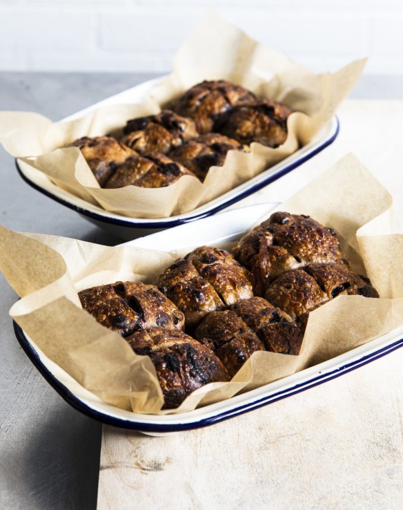 Baker Bleu's hot cross buns with sour cherry and dark chocolate.