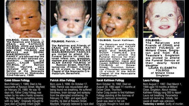 A death notice in The Newcastle Herald in May 2003 for the babies who were killed by their mother, Kathleen Folbigg.