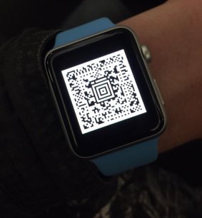 A QR code on an Apple Watch.