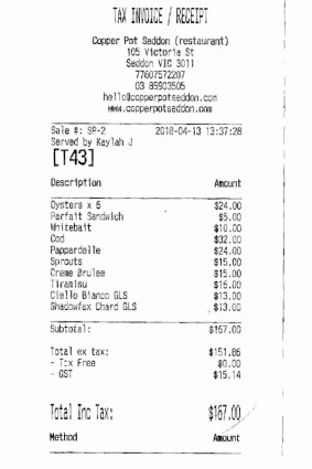 Receipt for lunch at Copper Pot restaurant, Seddon, with Colin Friels and Karl Quinn.