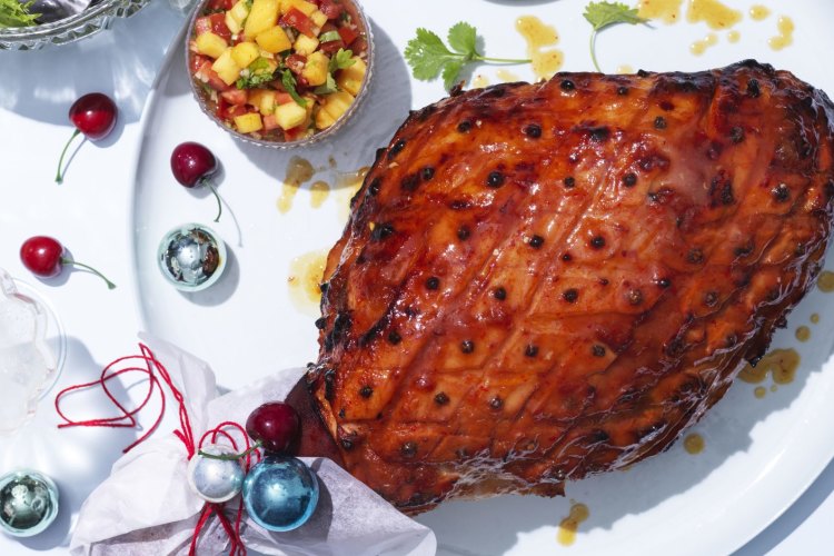 Tony Tan's mango and chilli-glazed ham with tomato and mango sambal.