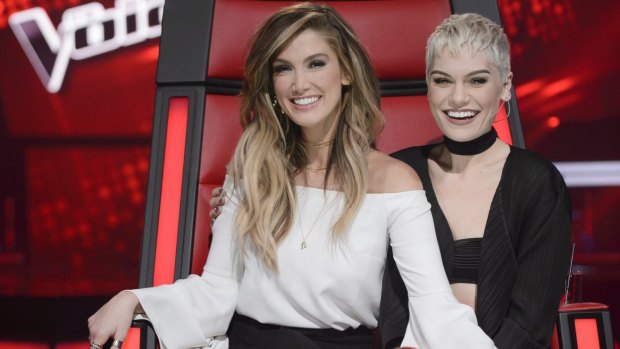 Delta Goodrem and Jessie J looking chummy on The Voice, 2016.