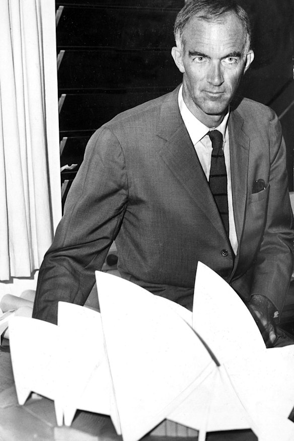 A solemn Jorn Utzon with a model of the Sydney Opera House in his office in 1966.