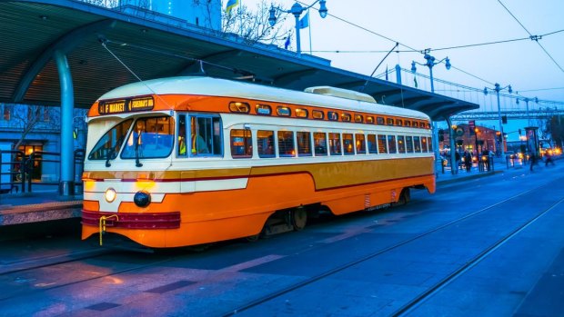 A street tram in downtown San Francisco. 
