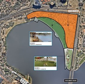 West Basin, showing the reclamation in green, 80 metres wide at its widest, Point Park at the bottom of the drawing, and future development in orange.
