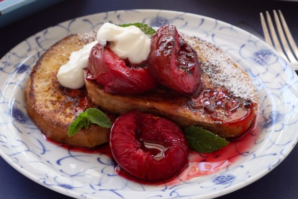 French toast with roasted plums and vanilla yoghurt.