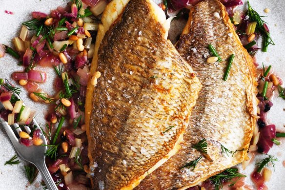 Neil Perry's pan-fried snapper with warm Sicilian salsa.