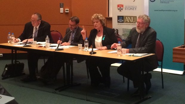 Labor's Walt Secord, The Greens' John Kaye, Health Minister Jillian Skinner and Public Health Association of Australia chief executive Michael Moore at the public debate at the University of Sydney on Wednesday night. 