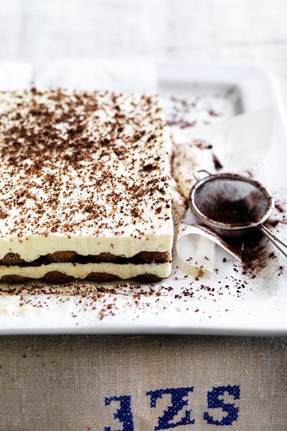 Neil Perry's tiramisu dusted with cocoa powder.