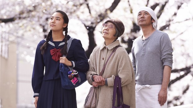 Kirin Kiki, Masatoshi Nagase and Kyara Uchida in the gentle Japanese melodrama <i>An</i>.