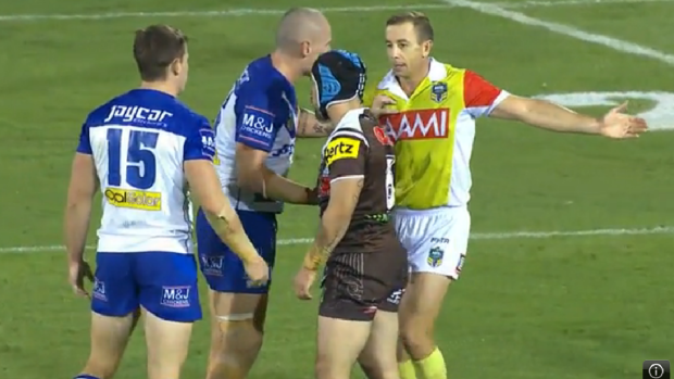 Flashpoint: David Klemmer makes contact with referee Ben Cummins.