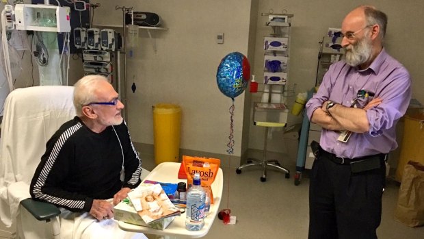 Dr David Bowie checks on his patient, former space man Buzz Aldrin in a NZ hospital.