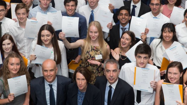 HSC students who topped a subject this year with Education Minister Adrian Piccoli. 