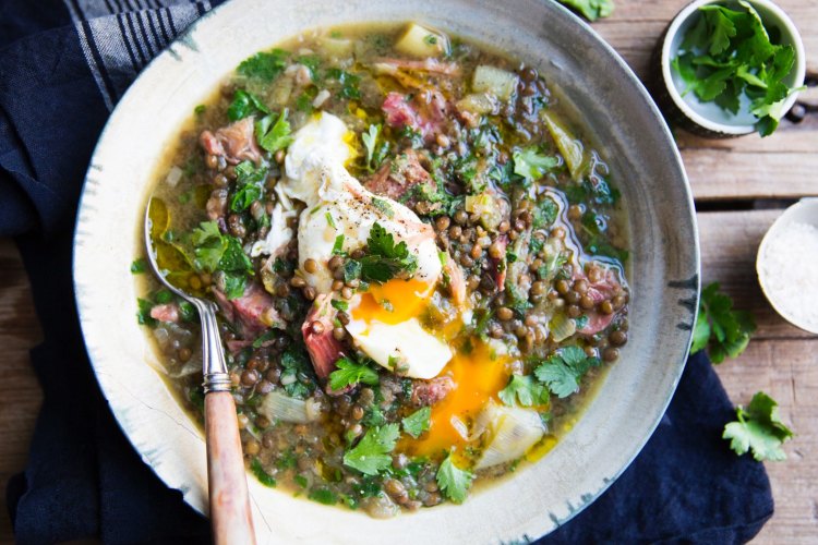 Karen Martini's lentil and ham hock soup with poached egg.