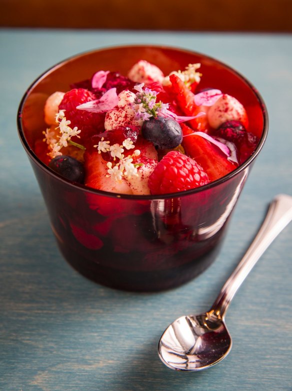 Trifle with vermouth-soaked sponge and hibiscus jelly.