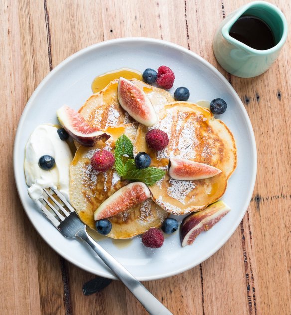 Tip top: Pancakes with fresh figs, vanilla labna and smoked maple syrup.