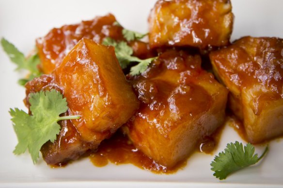 Miso-braised pork belly cubes.