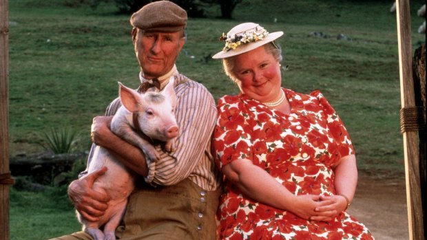 Magda Szubanski as Esme Hoggett, with co-star James Cromwell, in 1995's <i>Babe</i>.

