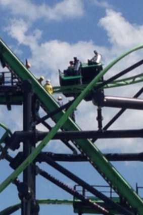 Six people were stranded on the Green Lantern ride for more than three hours on Sunday.