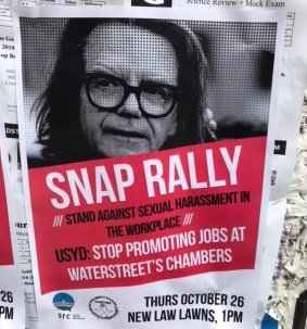 Posters bearing Charles Waterstreet's image appeared at the University of Sydney on Thursday advertising a snap rally to "stand against sexual harassment in the workplace".