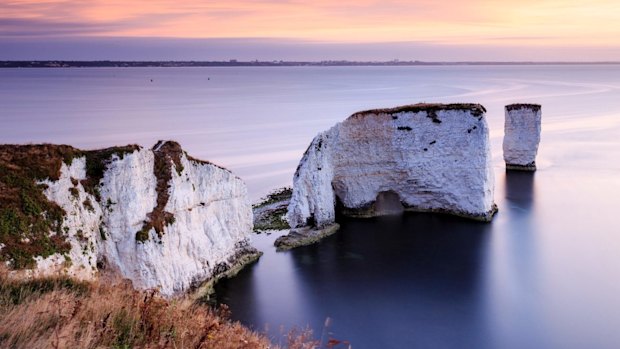 Sunrise over Old Harry Rocks in Dorset.